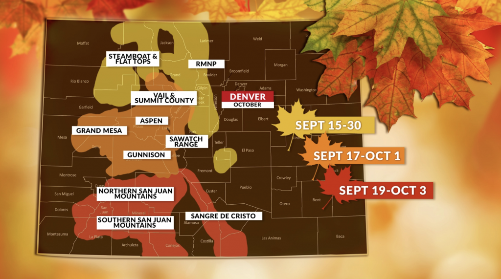 Forecast map of Colorado's foliage colour change dates during whitewater rafting season 