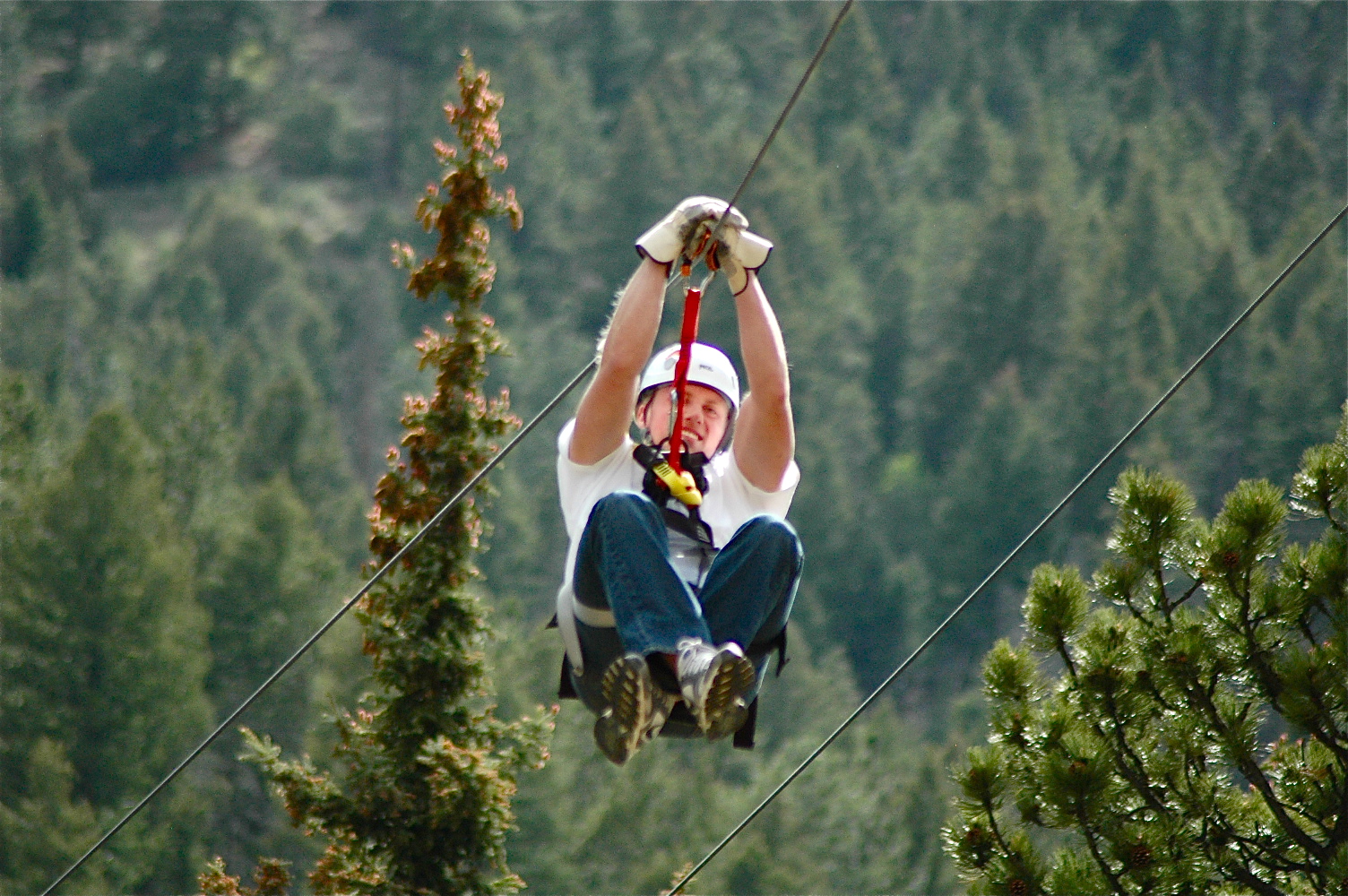 Happy tourist ziplining in the scenic mountainous area
